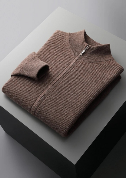 PURE EXTRA-FINE MERINO WOOL RIBBED ZIP CARDIGAN