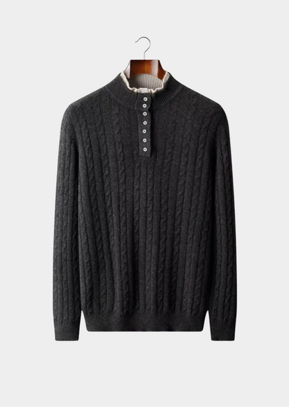 PURE EXTRA-FINE MERINO WOOL CABLE KNIT HENLEY SWEATER